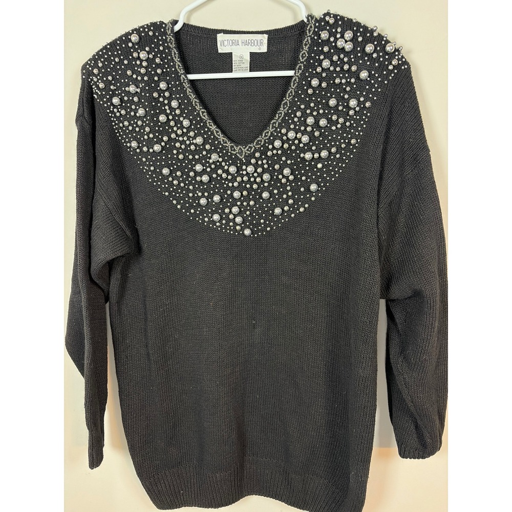 Victoria Harbour Vintage Black Beaded Pearl V-Neck Sweater Ramie Cotton Medium